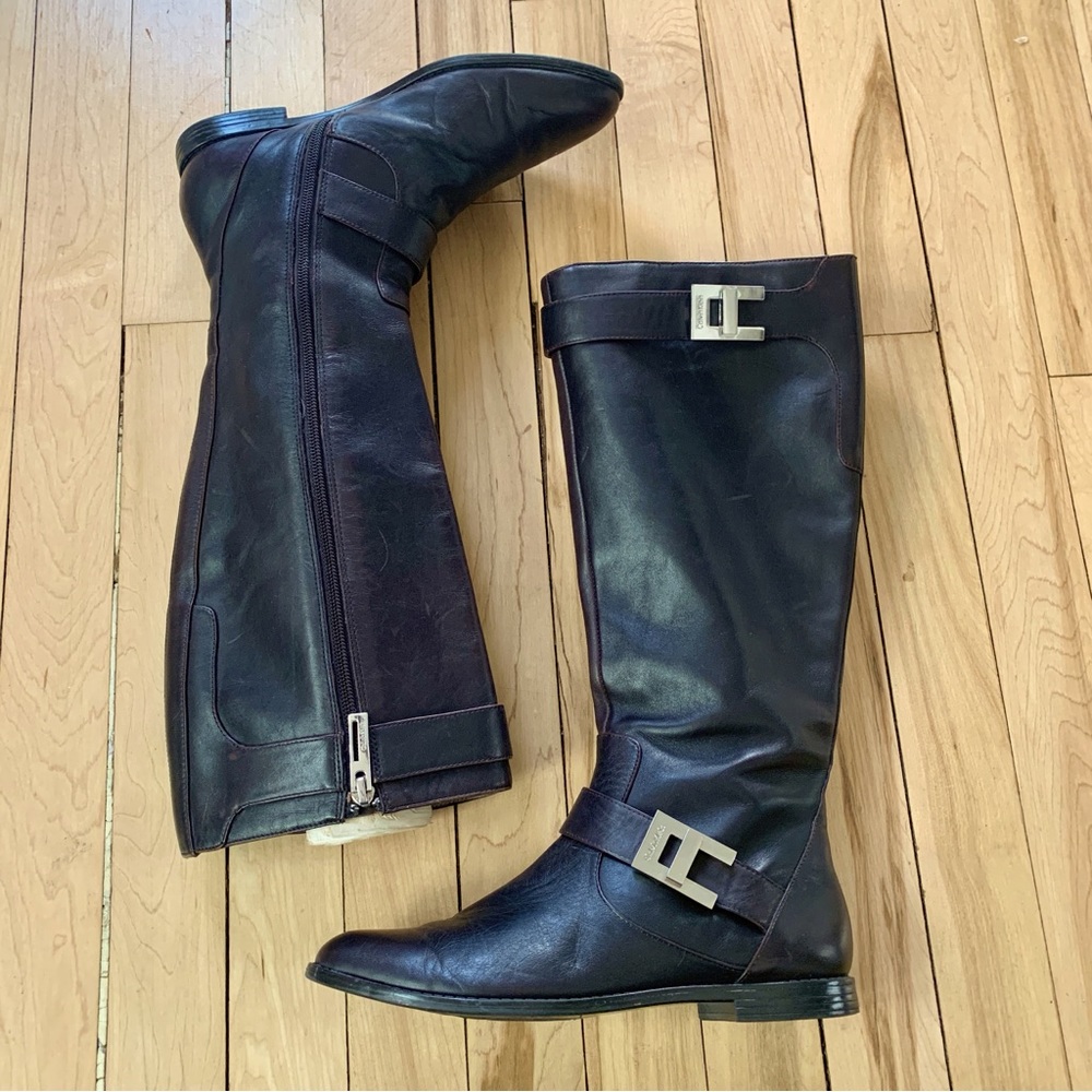 Calvin Klein Tracie Brown Leather Riding Boots Side Zipper Low Heel
